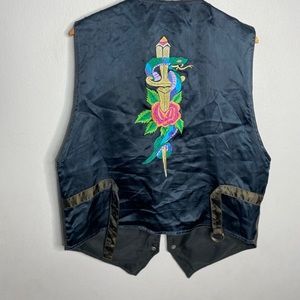 Vintage Biker Paragraff Vest Snake dagger Leather Silk Men’s Size Large Black